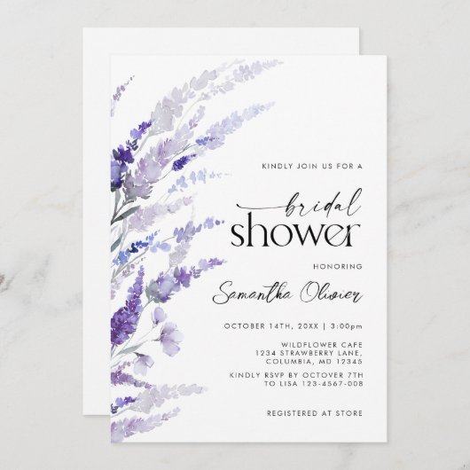 フローララベンダーパープルモダン庭園の結婚式 招待状 (正面/裏面)