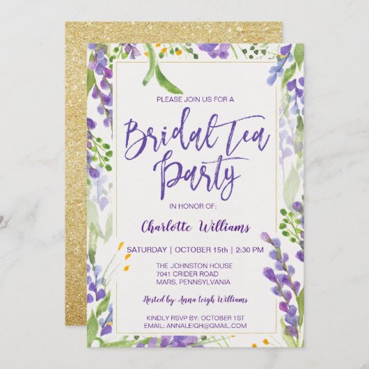 フローララベンダー&金ゴールドブライダルシャワーティー 招待状 (正面/裏面)