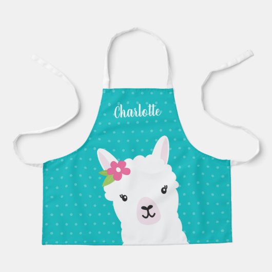 フローララマアルパカティール（緑がかった色）ガールキパーソナライズされたッズ エプロン (正面)