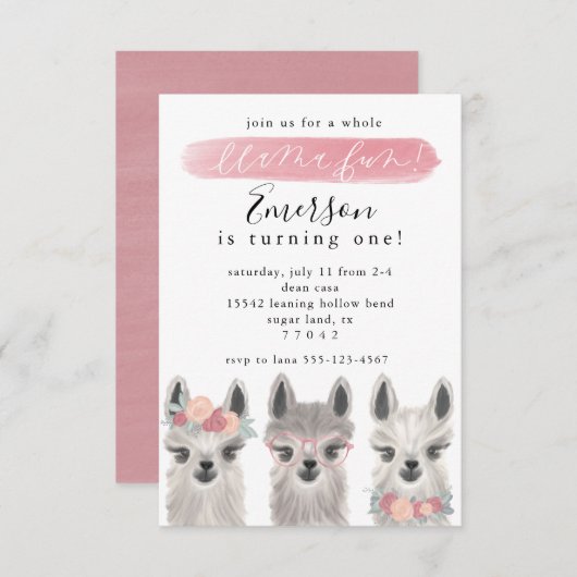 フローララマ誕生日パーティーの招待 セーブザデート (正面/裏面)