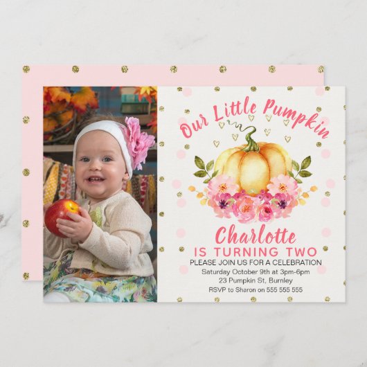 フローラリトルカンプキンフォト誕生日招待状 招待状 (正面/裏面)