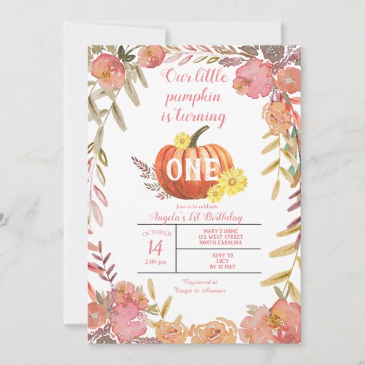 フローラリトルパンプキ素朴ン秋1歳の誕生日 招待状 (正面)