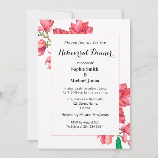 フローラリハーサルディナーピンクホワイトマグノリア 招待状 (正面)