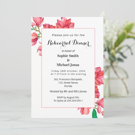 フローラリハーサルディナーピンクホワイトマグノリア 招待状 (スタンド正面)