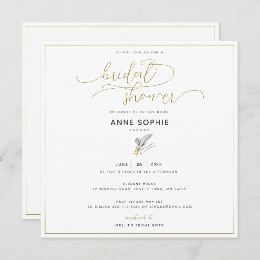 フローラリリーバレー金ゴールド書道ブライダルシャワー 招待状 (正面/裏面)