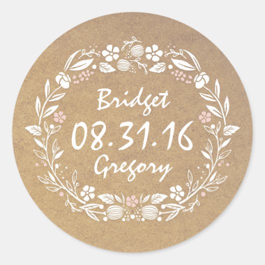フローラリースかわいいヴィンテージウェディングステッカー ラウンドシール (正面)