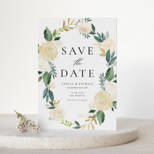 フローラリースとアイボリー花Save the Date マグネット招待状