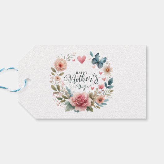 フローラリースと蝶、幸せな母の日 ギフトタグ (裏面横)