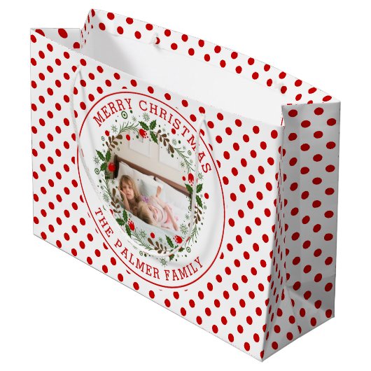 フローラリースと赤い白いドットのクリスマスフォト ラージペーパーバッグ (裏面アングル)