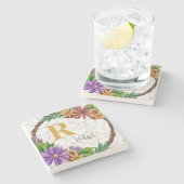 フローラリースイニシャル文字モノグラム名大理石 ストーンコースター (横)