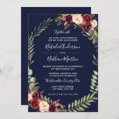 フローラリースウォーターカラーブルゴーニュ海軍結婚ズ 招待状 (正面/裏面)