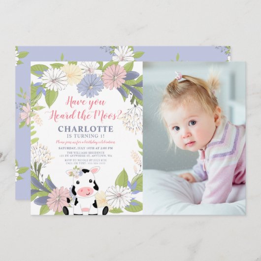 フローラリースガールカウバースデーフォト 招待状 (正面/裏面)
