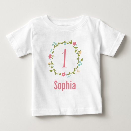 フローラリースガール1歳の誕生日パーソナライズされた ベビーTシャツ (正面)