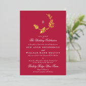 フローラリースクラシックモノグラムレッドマゼンタ結婚ーズ 箔招待状 (立ち正面)