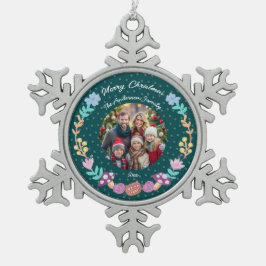 フローラリースチェシャ猫の緑のクリスマスフォト スノーフレークピューターオーナメント