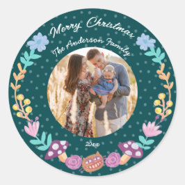 フローラリースチェシャ猫の緑のクリスマスフォト ラウンドシール