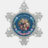 フローラリースチェシャ猫ネイビーのクリスマスフォト スノーフレークピューターオーナメント (正面)