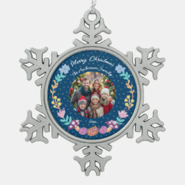 フローラリースチェシャ猫ネイビーのクリスマスフォト スノーフレークピューターオーナメント