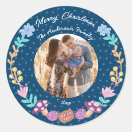 フローラリースチェシャ猫ネイビーのクリスマスフォト ラウンドシール