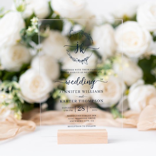 フローラリースネイビーブルーモノグラム結婚写真 アクリル招待状