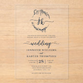 フローラリースネイビーブルーモノグラム結婚写真 アクリル招待状 (正面)