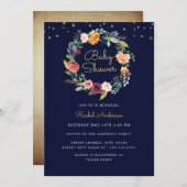 フローラリースネイビー金ゴールドベビーシャワー 招待状 (正面/裏面)