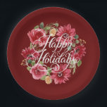 フローラリースハッピーホリデイズレッド ペーパープレート<br><div class="desc">フローラリース上のシックな白いレタリングでハッピーホリデー、これらの赤い紙プレートは2つのサイズで利用可能である。</div>