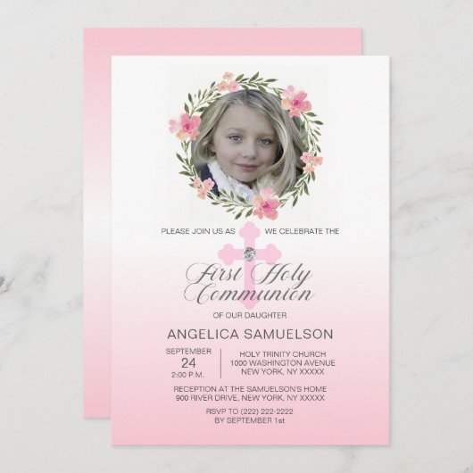 フローラリースピンクファーストホーリーコミュニオンガール 招待状 (正面/裏面)