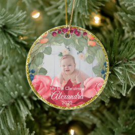 フローラリースフェイク金ゴールドグリッターバラ セラミックオーナメント