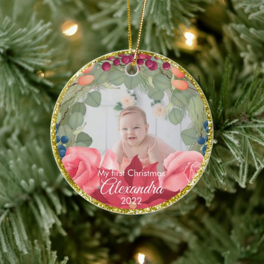 フローラリースフェイク金ゴールドグリッターバラ セラミックオーナメント (ツリー)