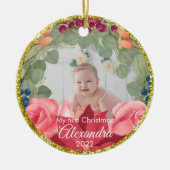 フローラリースフェイク金ゴールドグリッターバラ セラミックオーナメント (正面)