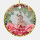 フローラリースフェイク金ゴールドグリッターバラ セラミックオーナメント (裏面)