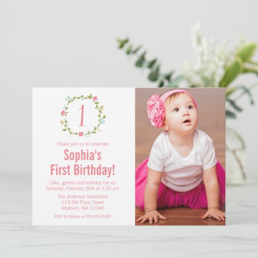 フローラリースフォトガール1歳の誕生日 招待状 (スタンド正面)