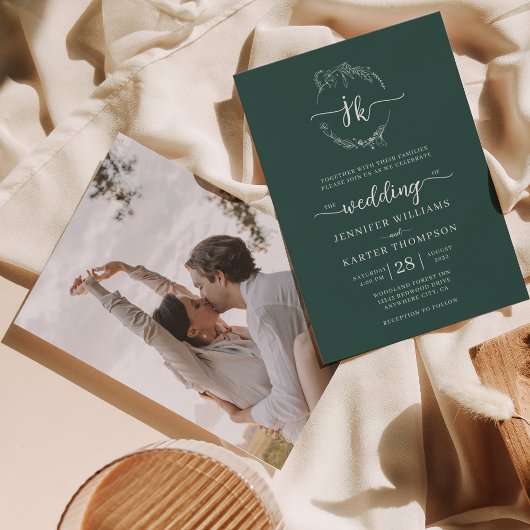 フローラリースフォレストグリーンモノグラム結婚写真 招待状