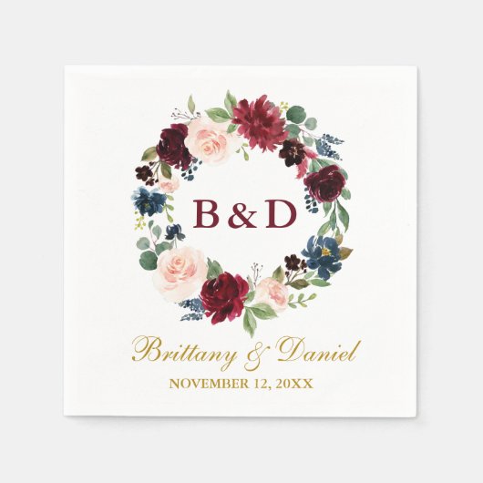 フローラリースブルガンディーブルー金ゴールド結婚ズ スタンダードカクテルナプキン (正面)