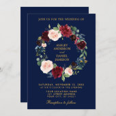 フローラリースブルゴーンディブルー結婚金ゴールドズB 招待状 (正面/裏面)