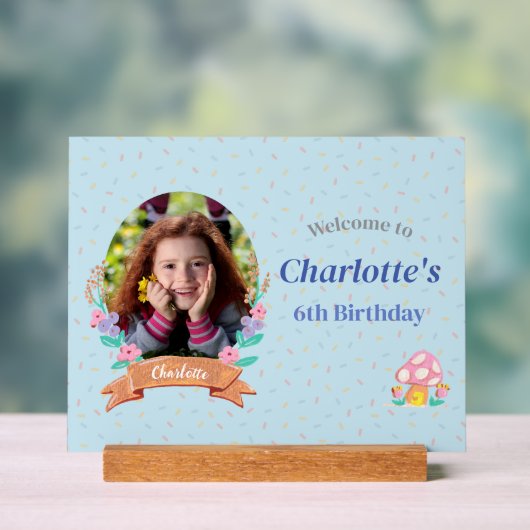 フローラリースブルー子供の誕生日フォトウェルカム アクリルサイン (ニュートラル)