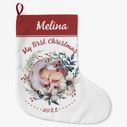 フローラリースベビーの初めてのクリスマス写真 ラージクリスマスストッキング (正面)