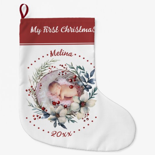 フローラリースベビーの初めてのクリスマス写真 ラージクリスマスストッキング (正面)