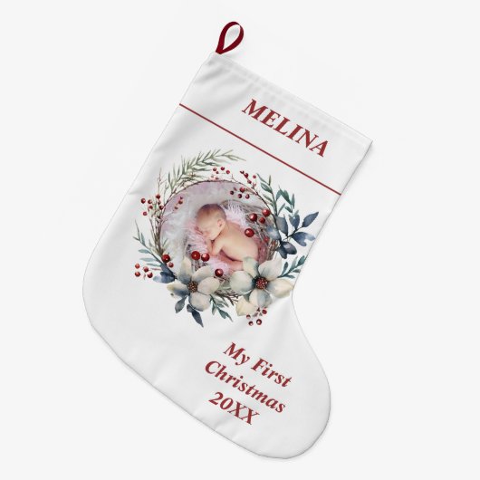 フローラリースベビーの初めてのクリスマス写真 ラージクリスマスストッキング (正面 (吊り時))
