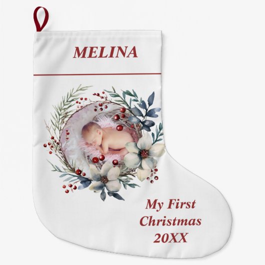 フローラリースベビーの初めてのクリスマス写真 ラージクリスマスストッキング (正面)