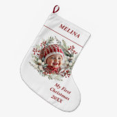 フローラリースベビーの初めてのクリスマス名photo ラージクリスマスストッキング (正面 (吊り時))