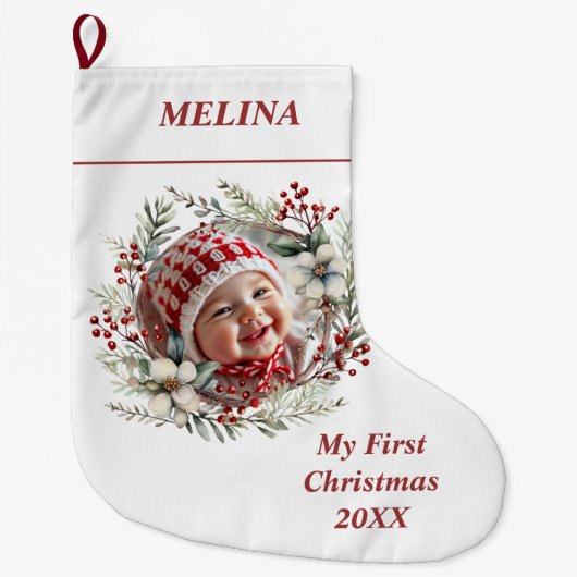 フローラリースベビーの初めてのクリスマス名photo ラージクリスマスストッキング (正面)