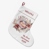 フローラリースベビー初めてのクリスマス赤写真 ラージクリスマスストッキング (正面 (吊り時))