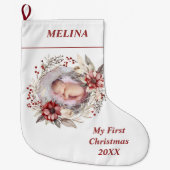 フローラリースベビー初めてのクリスマス赤写真 ラージクリスマスストッキング (正面)