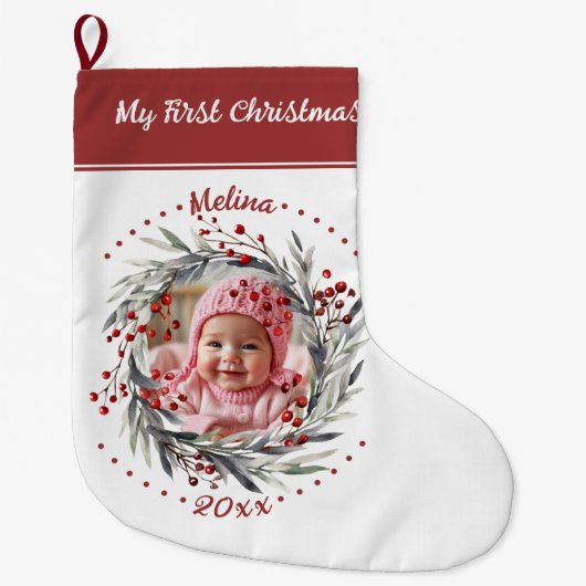 フローラリースベリーベビーの初めてのクリスマス写真 ラージクリスマスストッキング (正面)
