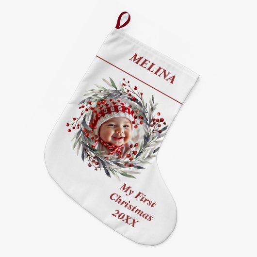 フローラリースベリーベビーの初めてのクリスマス写真 ラージクリスマスストッキング (正面 (吊り時))