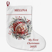 フローラリースベリーベビーの初めてのクリスマス写真 ラージクリスマスストッキング (正面)