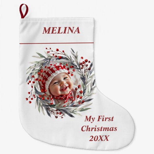 フローラリースベリーベビーの初めてのクリスマス写真 ラージクリスマスストッキング (正面)