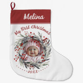 フローラリースベリーベビーの初めてのクリスマス写真 ラージクリスマスストッキング (正面)